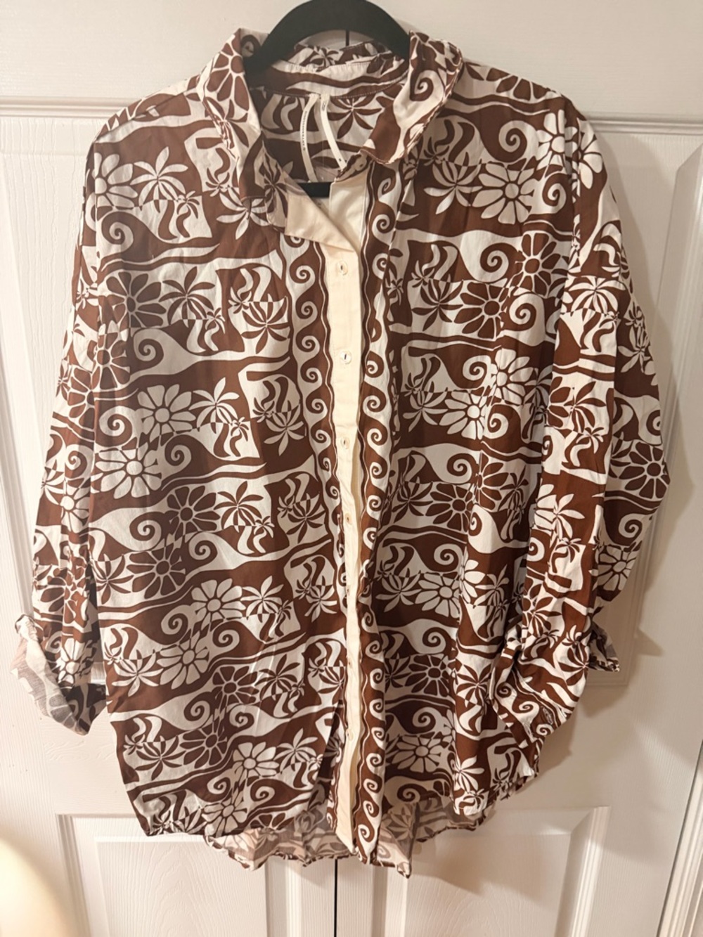 Anthropologie Brown & Cream Floral-Print Button Top